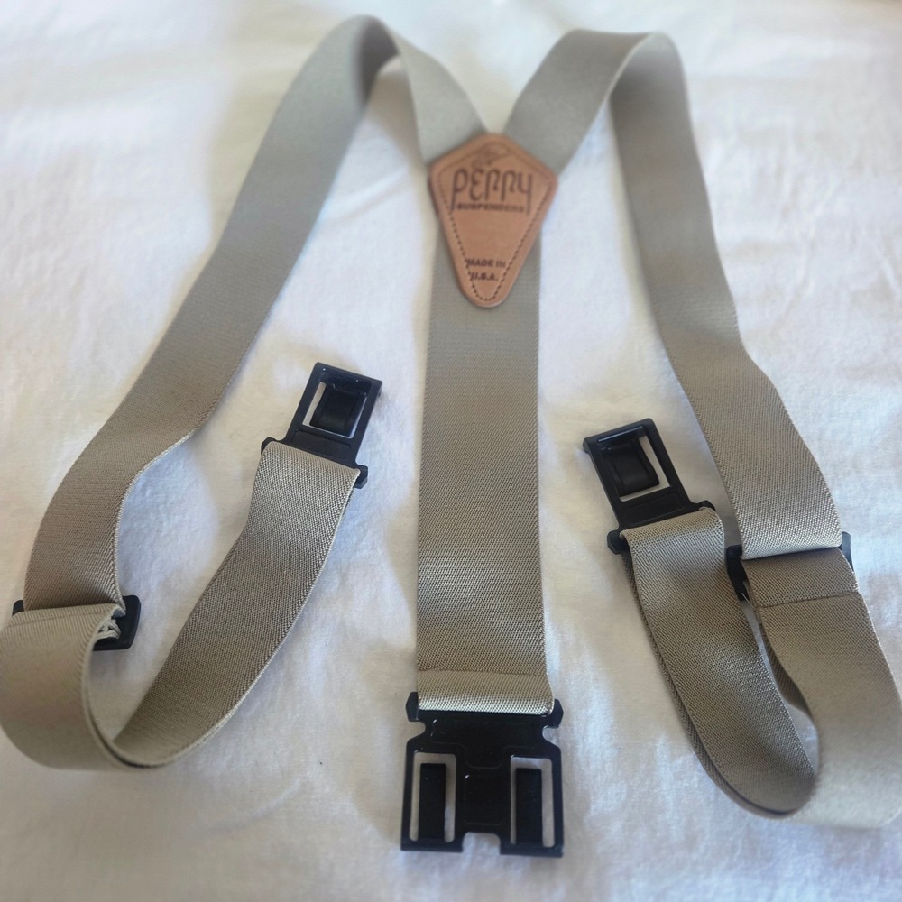Perry Suspenders Mens Tan Khaki Elastic Y-Back Belt Clip Made in USA Adjustable